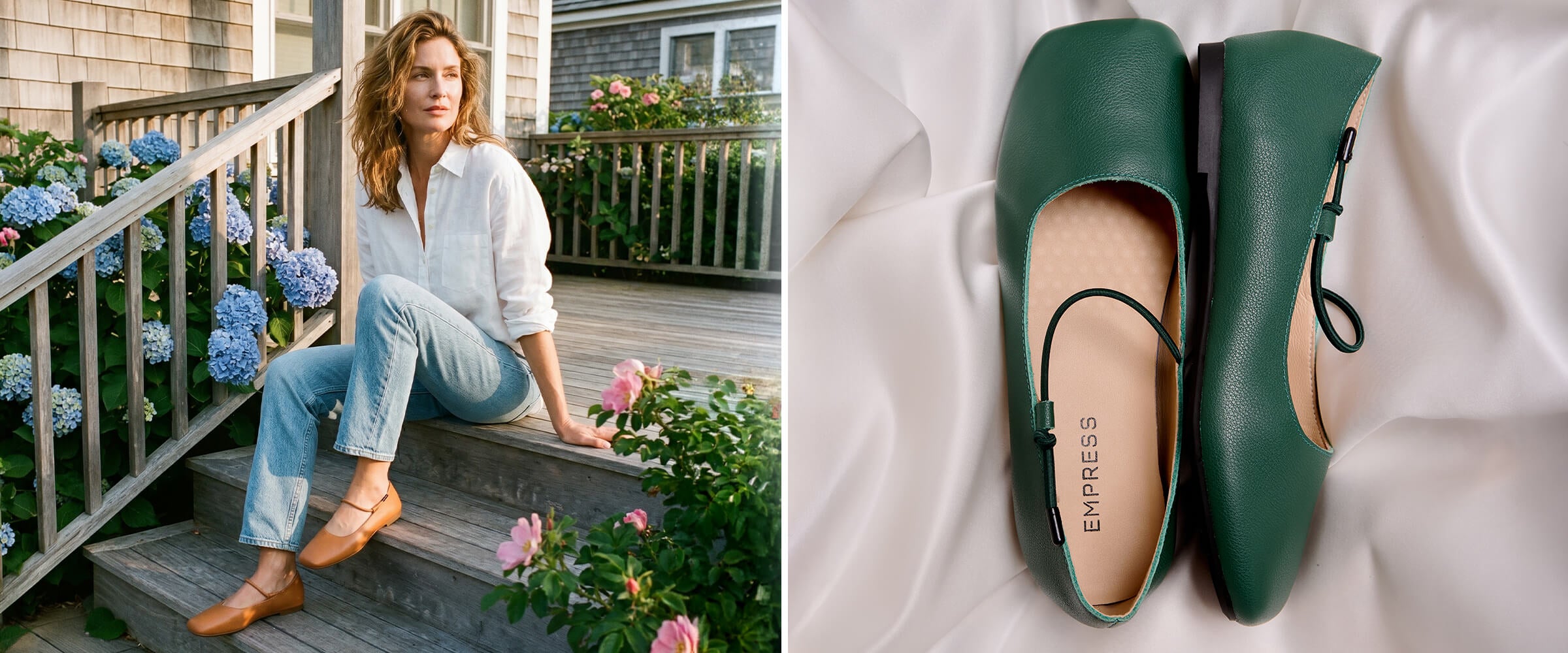 Empress Australia Square Toe Flat collection. Caramel leather lifestyle and green still life, women's quiet luxury flat shoes